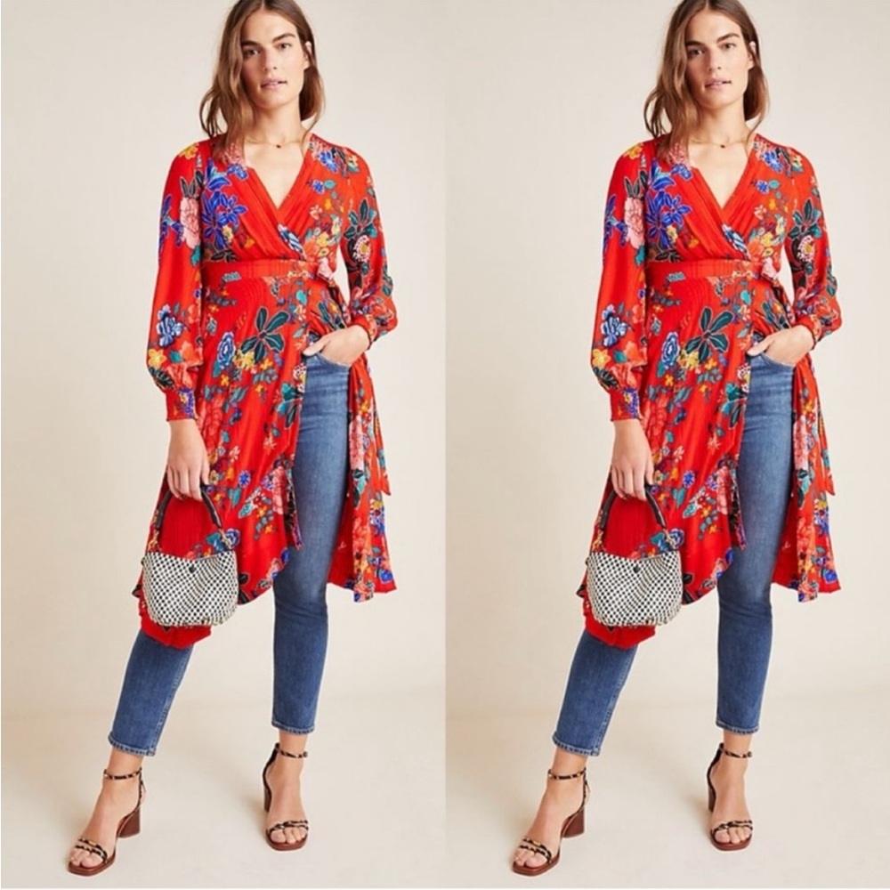 Anthropologie red floral long sleeve flowy dress